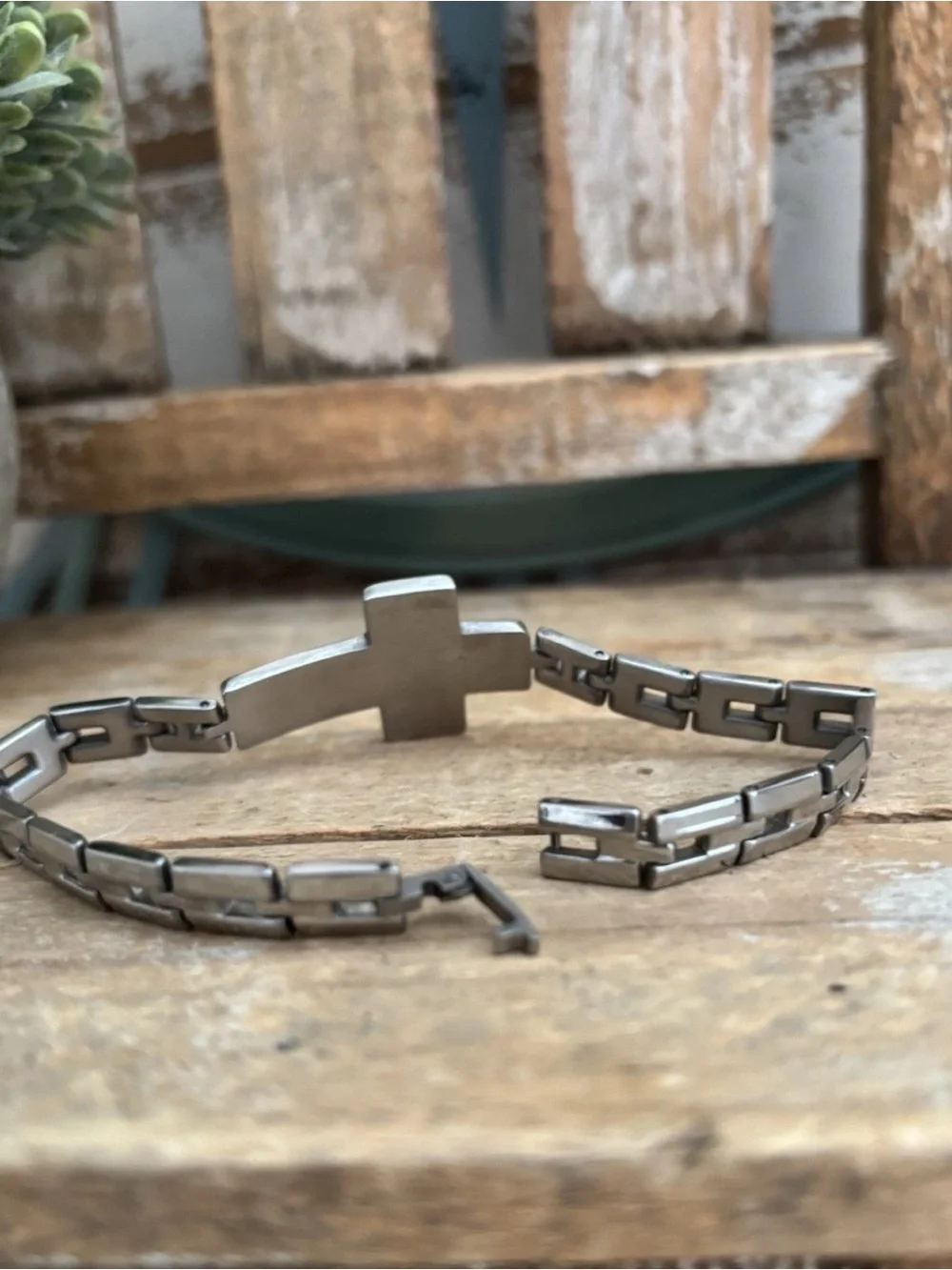 Unisex Stainless Steel Link Religious Cross Bracelet 8.5” NEW